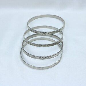 Silver-Tone Textured Bangle Bracelet Set | Stackable Minimalist
